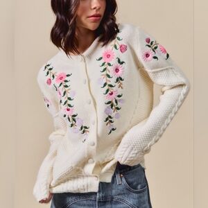 SO ME Floral Embroidered Coquette Cardigan Embroidered Cream Sweater
